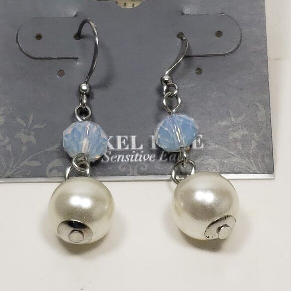 Silver tone Off-White, Blue Beads Drop Dangle Earrings- 1.75" - Jewelry - Picture 4 of 7